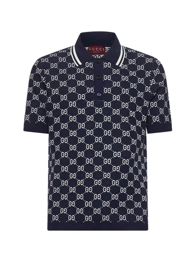 Gucci Men Blue Gg Jacquard Cotton Knit Polo Shirt In Multi