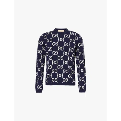 Gucci Mens Blue Ivory Monogram-intarsia Regular-fit Wool Jumper