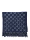Gucci Men Blue Scarf With All-over Gg Motif And Fringed Hem In Cashmere Man In Blue