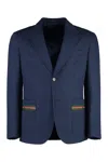 GUCCI MEN'S BLUE SINGLE-BREASTED JACKET WITH LEATHER ACCENTS AND WEB DETAIL