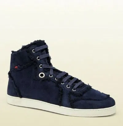Pre-owned Gucci Men's Blue Suede Shearling High-top Sneaker W/web 309408 4009