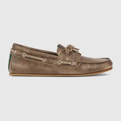 Gucci Web Stripe Leather Boat Shoes In Brown