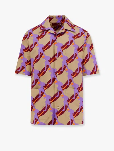 GUCCI GUCCI MEN BOWLING COTTON POPELINE SHIRT WITH ALL-OVER SURFER PRINT