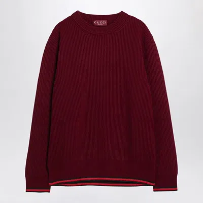 Gucci Red Crewneck Sweater With Web Detail In Ribbed Wool Blend Man In Multicolor