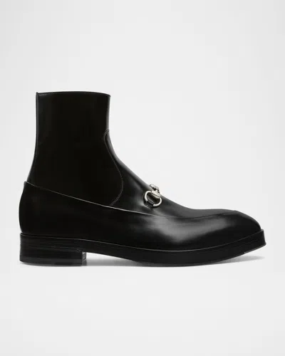 Gucci Men's Burn Leather Horsebit Ankle Boots In Black