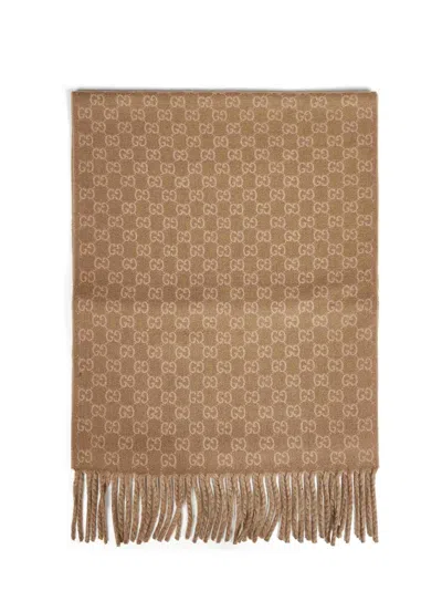 Gucci Men Camel And Beige Gg Wool And Cashmere Scarf In Brown