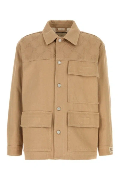 Gucci Men Camel Cotton Jacket In Brown
