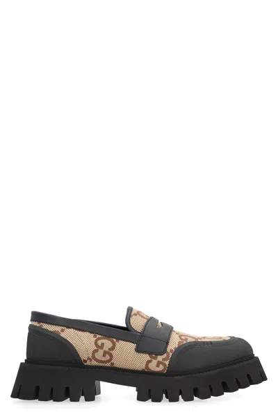 Gucci Men's Camel Maxi Gg Jacquard Fabric Loafers With Leather Details And Eva Sole In Beige