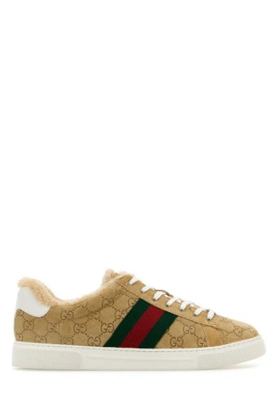 Gucci Men Camel Suede Ace Sneakers In Brown