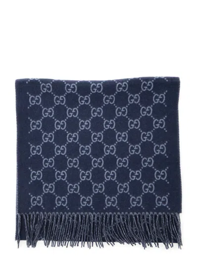 Gucci Men Blue Scarf With All-over Gg Motif And Fringed Hem In Cashmere Man