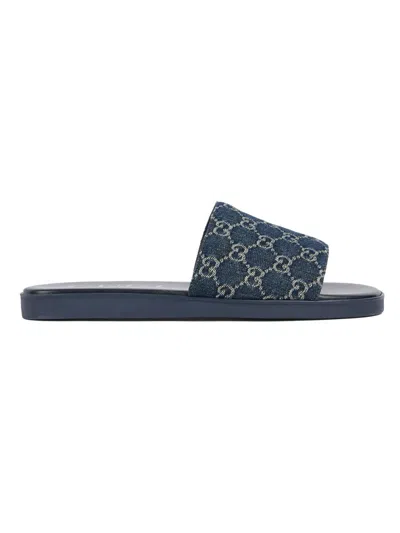 Gucci Men's Charlie Gg Monogram Denim Slides In Blue