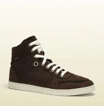 Pre-owned Gucci Men's Cocoa Brown Suede Shearling High-top Sneaker W/web 309408 2140