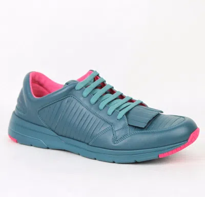 Pre-owned Gucci Men's Contrast Leather Fringe Sneakers Teal Pink 368482 4418 In Teal/pink