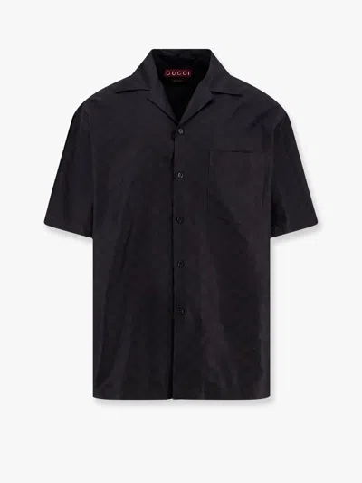 Gucci Men Cotton And Silk Shirt With Allover Gg Logo In Black
