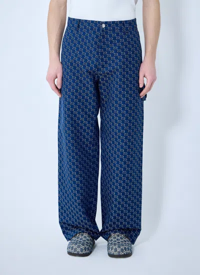 Gucci Men Cotton Jacquard Pants With Gg Shadow In Blue
