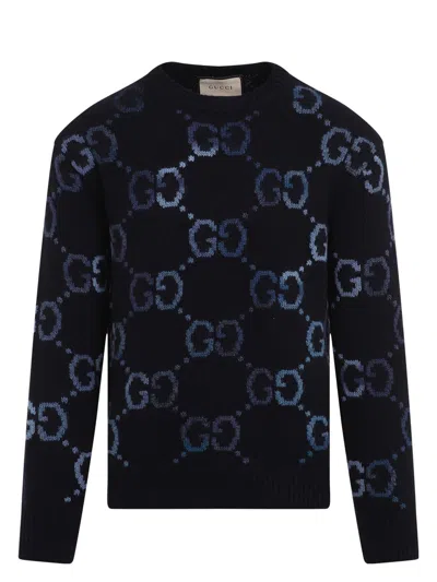 Gucci Men's Crew-neck Wool Sweater In Blue