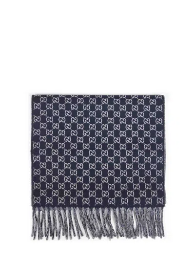 Gucci Men Dark Blue And Light Grey Gg Wool And Cashmere Scarf In Animal Print