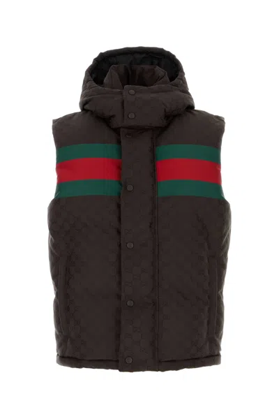 GUCCI GUCCI MEN DARK BROWN GG POLYESTER BLEND SLEEVELESS DOWN JACKET