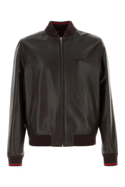 GUCCI GUCCI MEN DARK BROWN LEATHER BOMBER JACKET