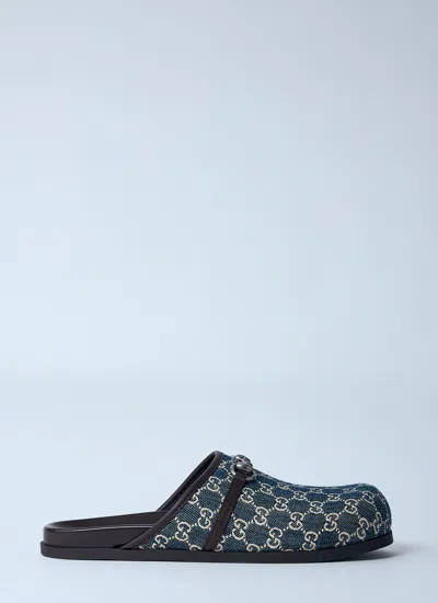 Gucci Men Denim Horsebit Mules In Black