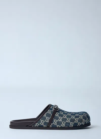 Gucci Men Denim Horsebit Mules In Black