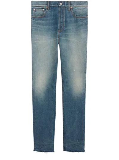 Gucci Men Denim Trousers With Label In Blue