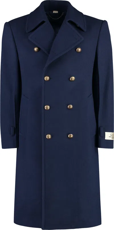 Gucci Double-breasted Wool Coat In Blue