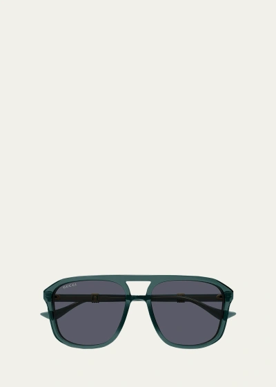 Gucci Men's Double-bridge Acetate Aviator Sunglasses In Black