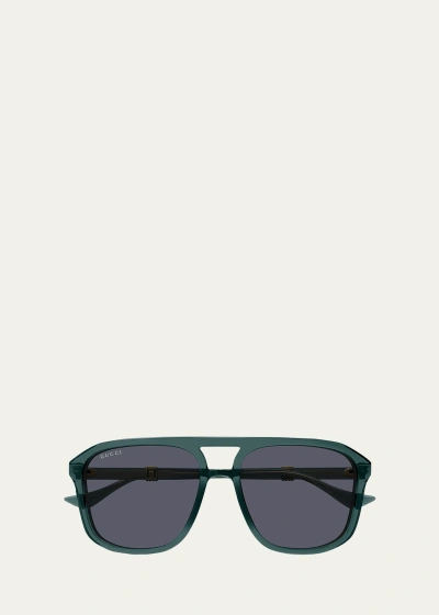 Gucci Men's Double-bridge Acetate Aviator Sunglasses In Shiny Transparent Sea Pine Grey