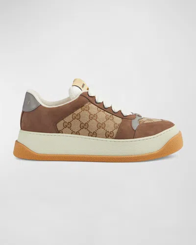 Gucci Men's Double Screener Canvas Low-top Sneakers In Brown
