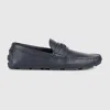 Gucci Pebbled Leather Driver Moccasins With Visible Stitching In Black