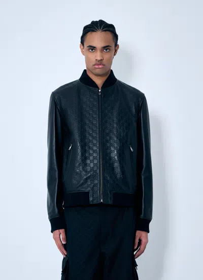Gucci Men Embossed Gg Leather Bomber Jacket In Black