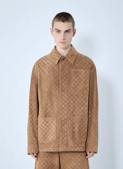 Gucci Men Embossed Gg Suede Jacket In Cream