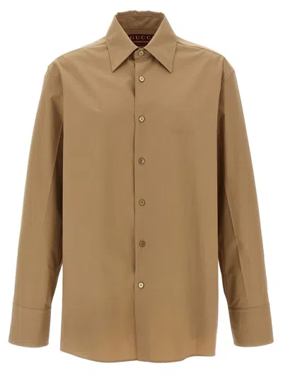 Gucci Beige Shirt With Classic Collar And Tonal Logo Lettering Embroidery On The Front In Cotton Man In Neutral