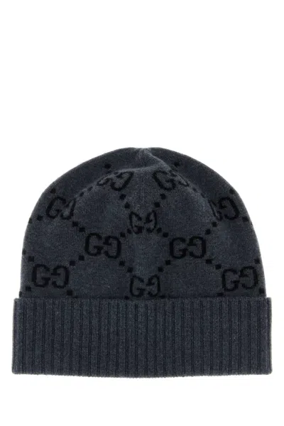 Gucci Men Embroidered Cashmere Beanie Hat In Blue