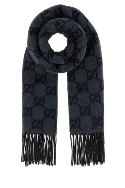 Gucci Men Embroidered Cashmere Scarf In Gray