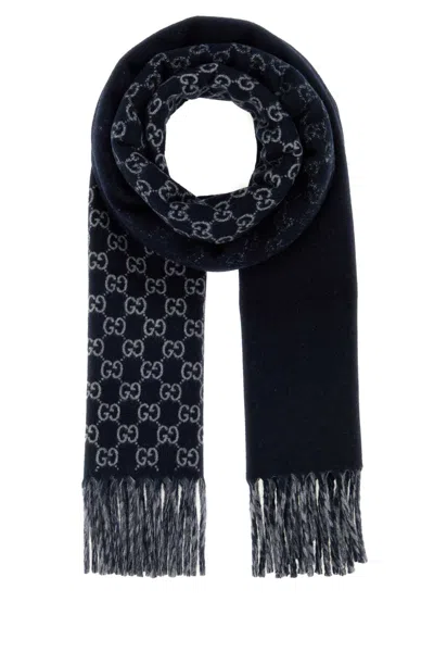 Gucci Men Embroidered Wool Blend Scarf In Blue