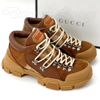 Pre-owned Gucci Men's Flashtrek Gg Canvas 8 / Us 8.5 Leather Sneakers $980 Authentic In Brown