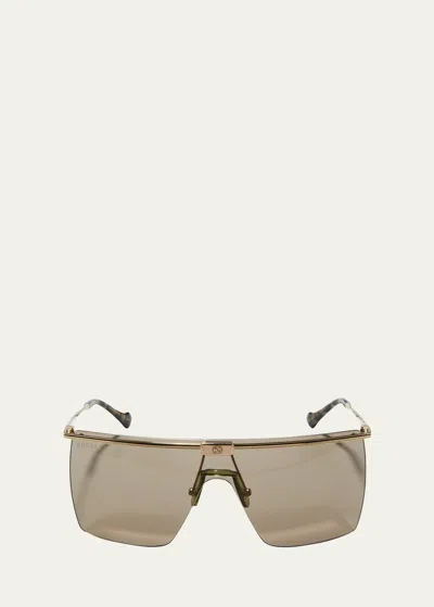 Gucci Men's Flat-top Metal Shield Sunglasses In Gold