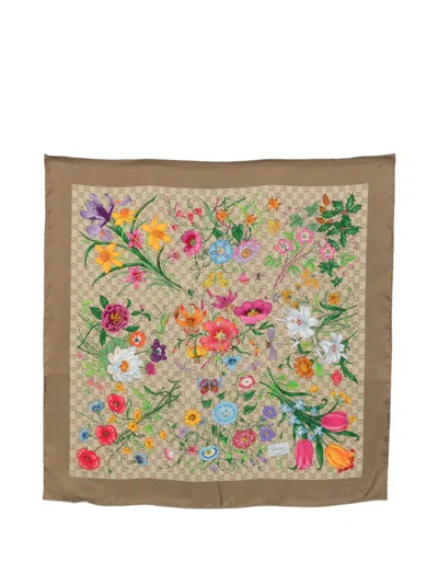 Gucci Men's Flora Print Silk Scarf In Brown