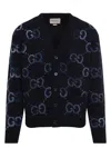 Gucci Mens Monogram-print V-neck Relaxed-fit Wool-blend Cardigan Navy Mc Xl In Blue