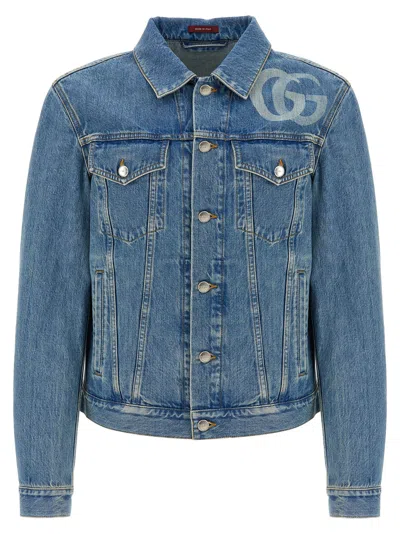 Gucci Light Blue Jacket With Gg Logo Print On The Front In Denim Man In Black