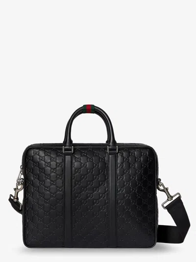 Gucci Men Gg Emblem Leather Briefcase With All-over Gg Motif In Black