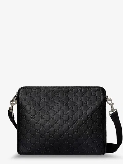 Gucci Men Gg Emblem Leather Crossbody Bag In Black