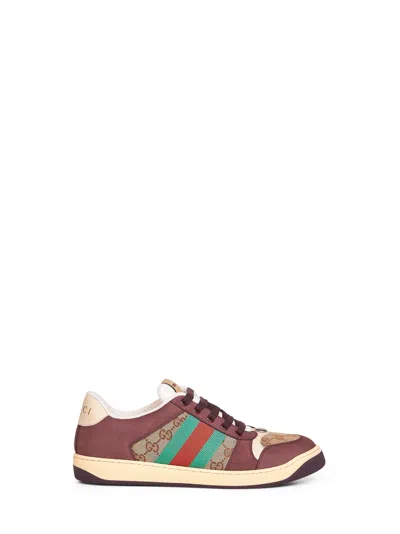 Gucci Leather And Gg Sneakers With Side Stripes In Brown