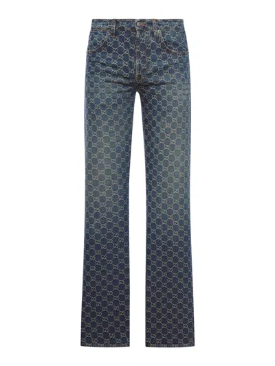 Gucci Men Gg Jacquard Cotton Denim Trousers In Blue