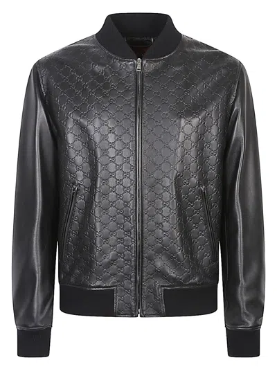 GUCCI MEN'S GG LEATHER BOMBER JACKET