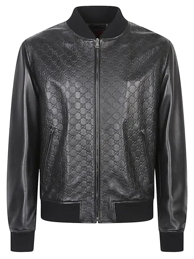 Gucci Men Gg Leather Bomber Jacket In Black
