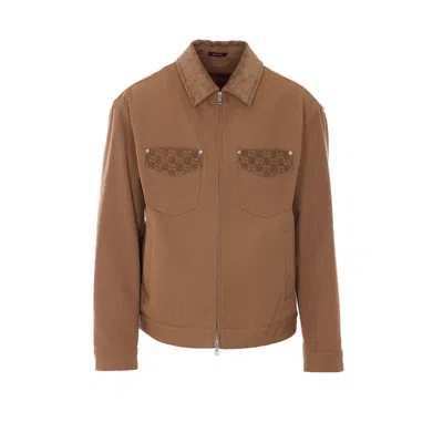 Gucci Men Canvas Jacket With Gg Details In Brown