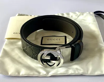 Pre-owned Gucci Men's Gg Logo Leather Belt Black/brown Reversible Size 100-40 Authentic